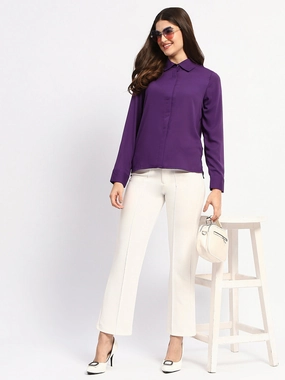 Midweight Textile Seamless Sides Madame Solid Purple Cuff Sleeve Shirt