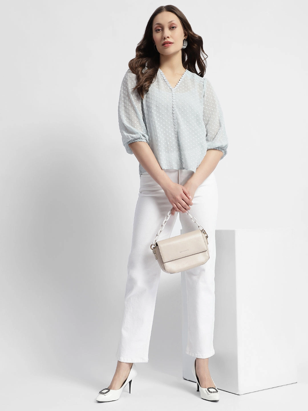 Anti Bacterial Layer Madame Puffed Sleeve Dobby Sky Blue Top