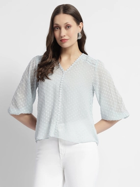 Relaxed Hoodie SmoothZipper Madame Puffed Sleeve Dobby Sky Blue Top