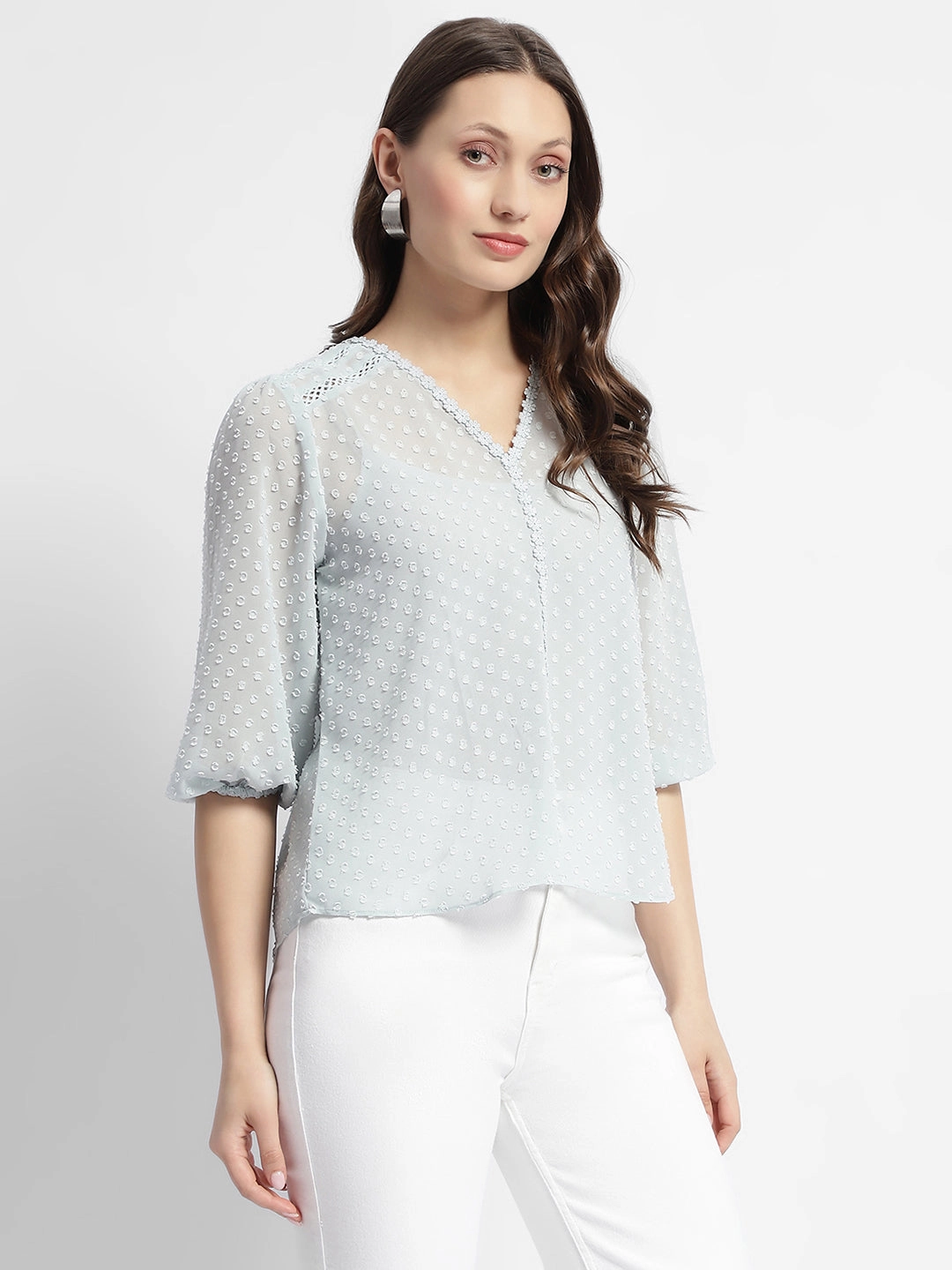 Multi Pocket Configuration Madame Puffed Sleeve Dobby Sky Blue Top