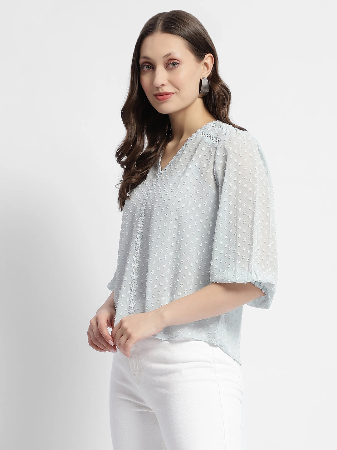 Madame Puffed Sleeve Dobby Sky Blue Top AthleisureReady V Neck Design