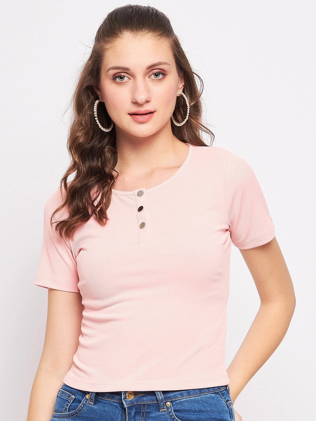 Madame Solid Dusty Pink Round Neck Top Low Profile Collar Four Way Stretch Fabric