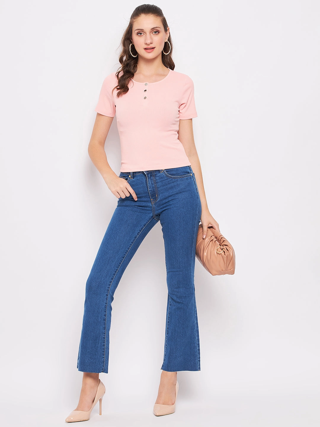 Madame Solid Dusty Pink Round Neck Top Water Repellent Coating Stain Resistant Treatment