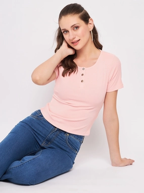 Madame Solid Dusty Pink Round Neck Top StaticResistant Material WrinkleResistant