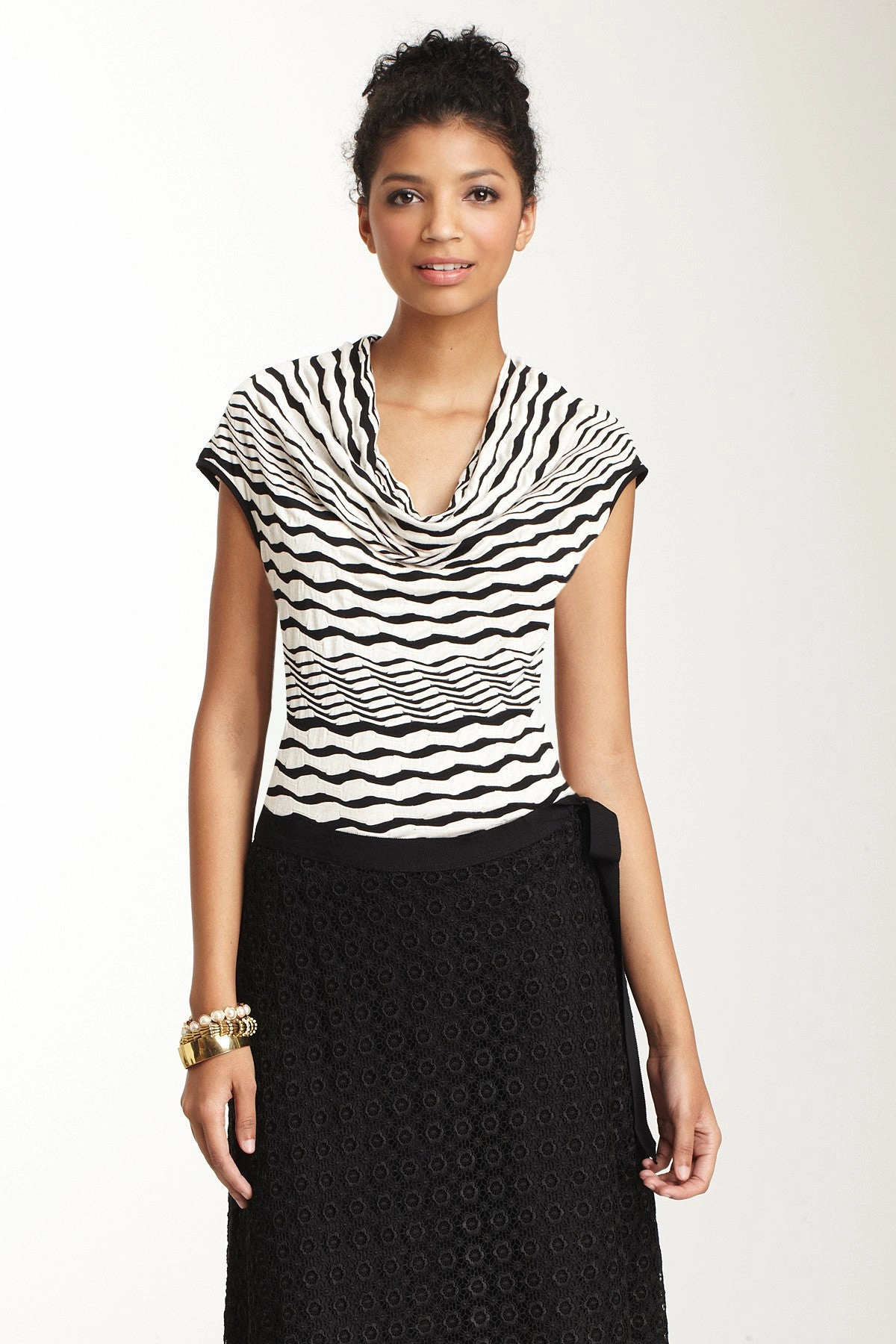 Cawl Neck Top - Black / White Stripe Self Fabric Tie Closure