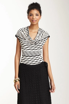 Shape Retention Fabric Yarn Dyed Fabric Cawl Neck Top - Black / White Stripe