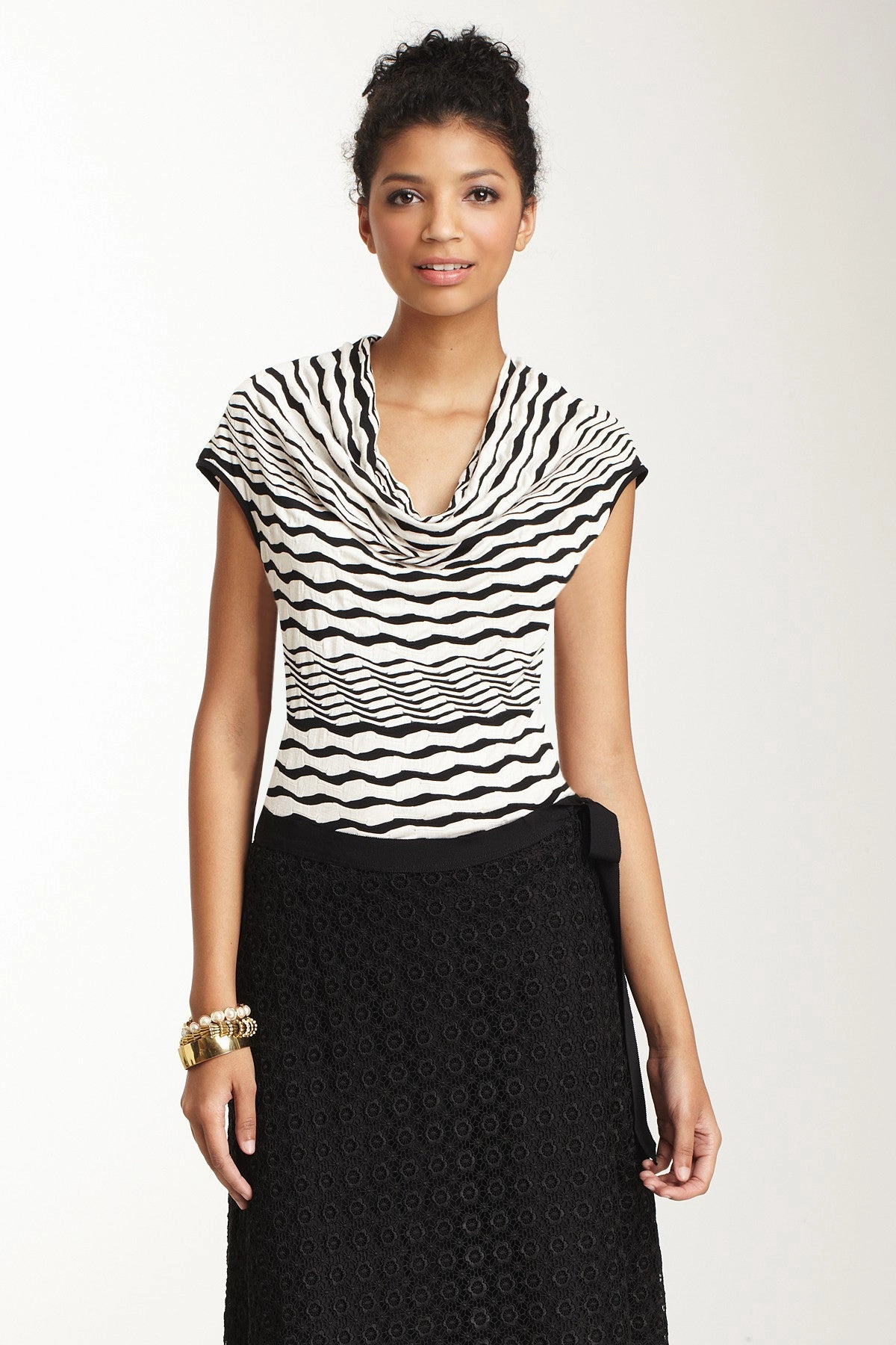 Cawl Neck Top - Black / White Stripe AntiPillingFinish Ribbed Knit Fabric