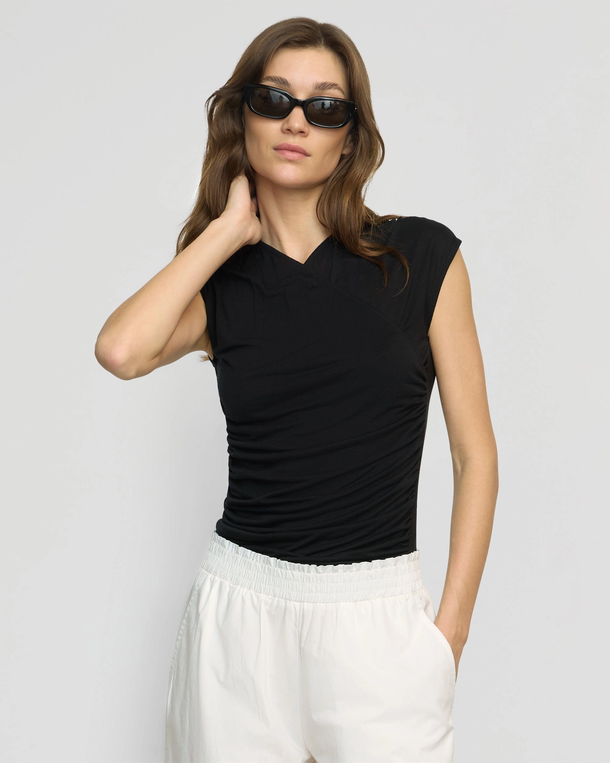 Lila Tencel Wrap-Neck Tee Layered Placket Design