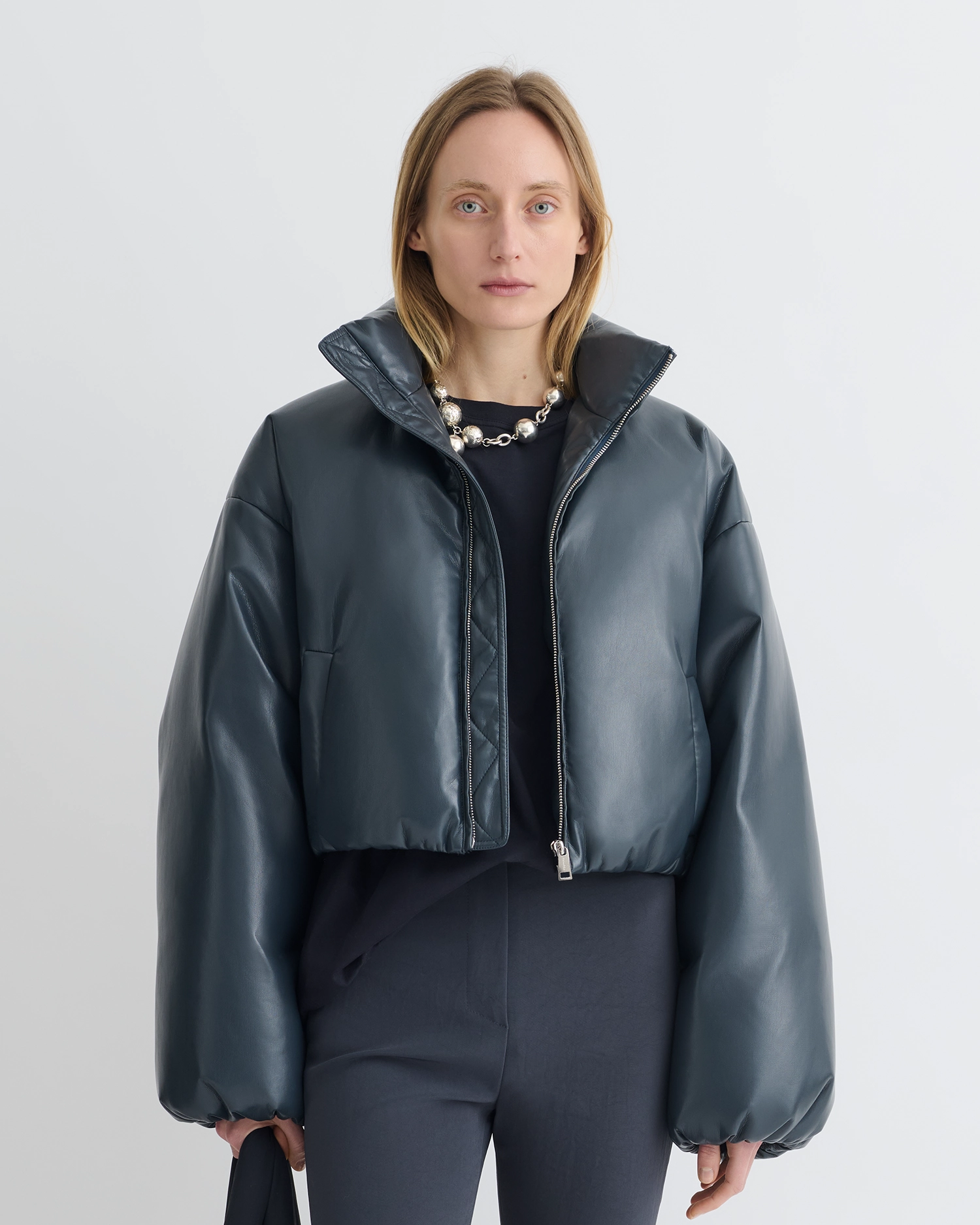 Lilima - Cropped Okobor? Alt-Leather Puffer Jacket - Steel Blue jersey Comfort Wear