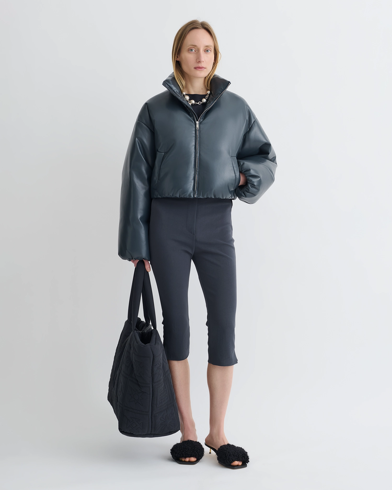 Lilima - Cropped Okobor? Alt-Leather Puffer Jacket - Steel Blue Universal
