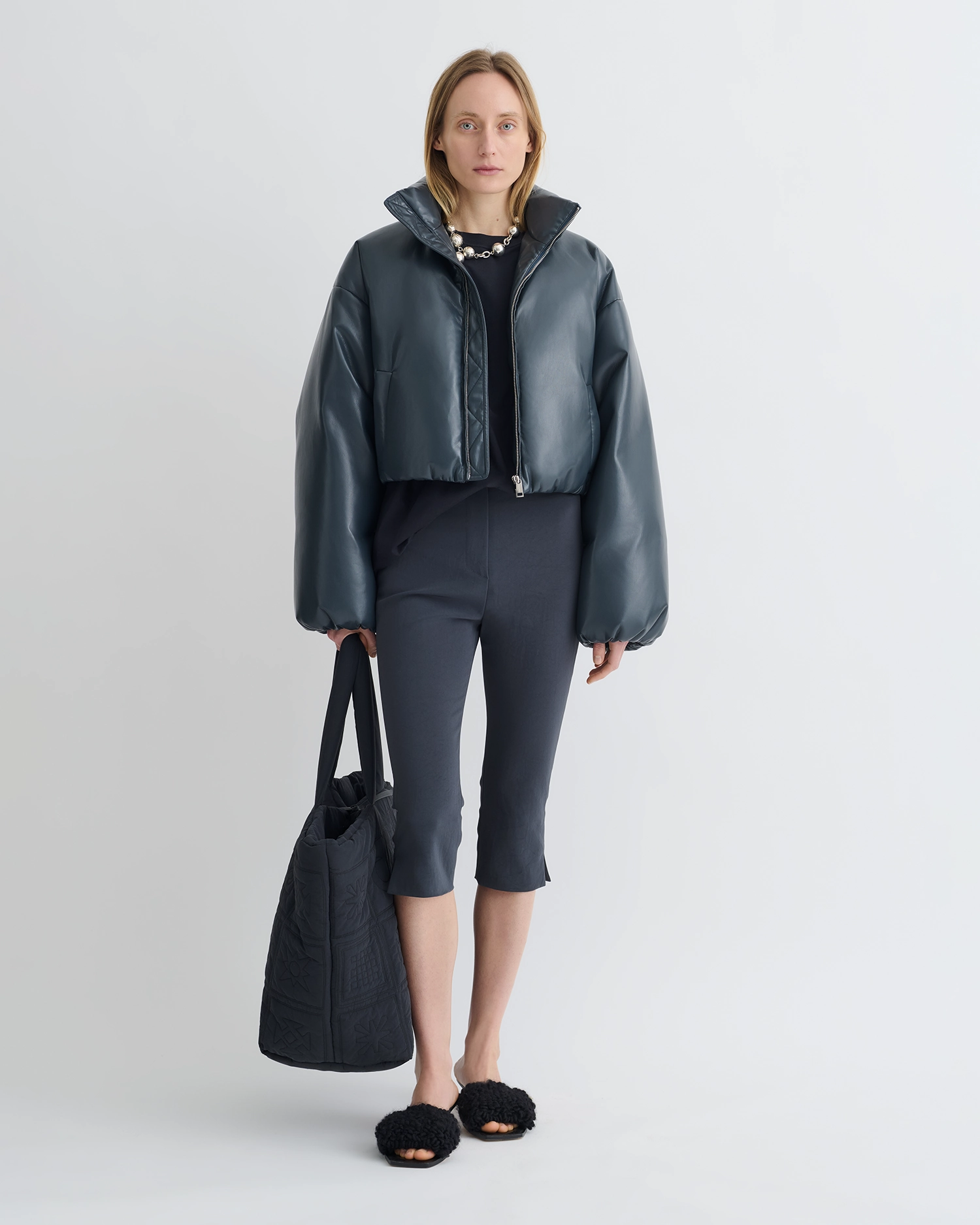 Lilima - Cropped Okobor? Alt-Leather Puffer Jacket - Steel Blue personality venue Breathable activewear