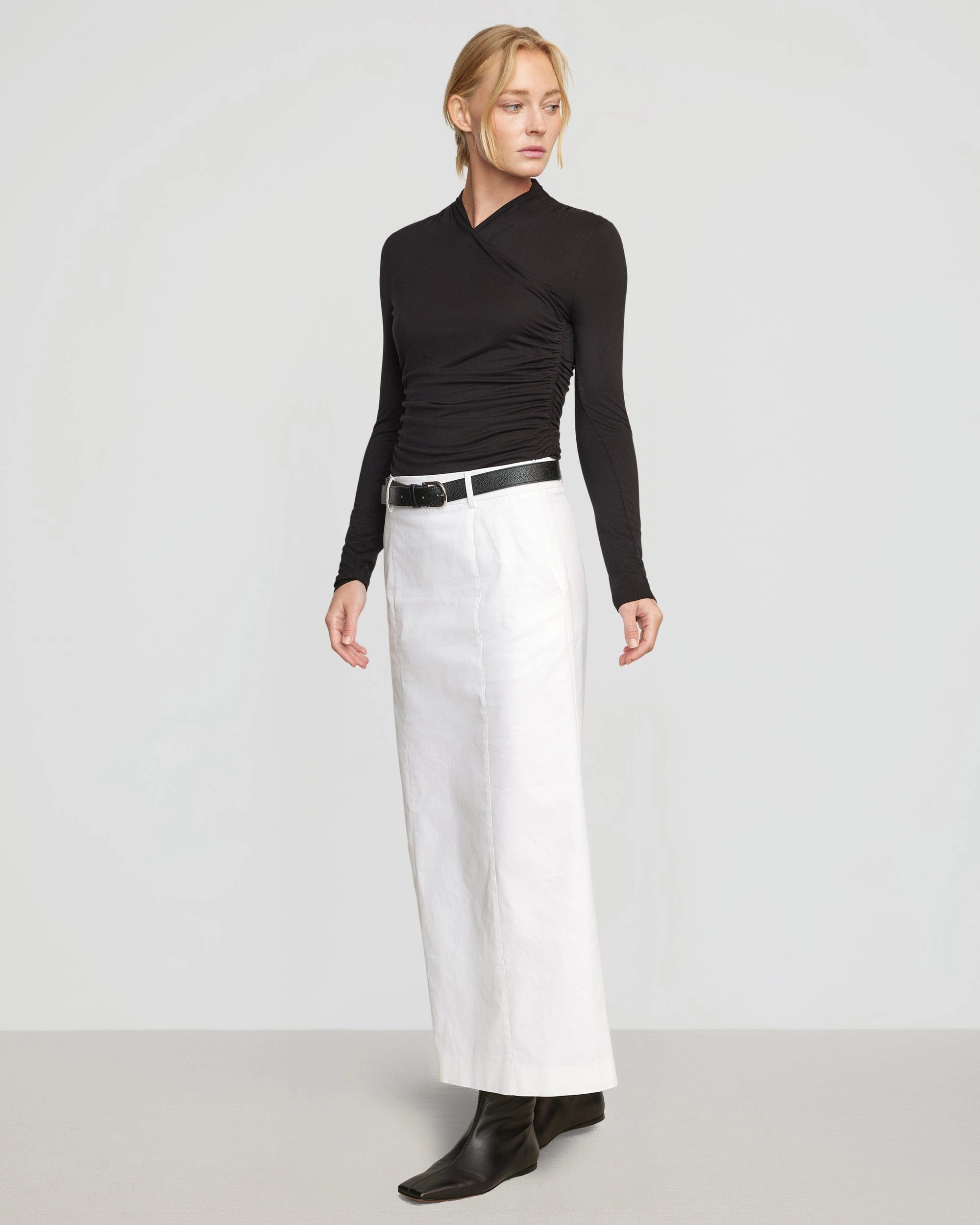 Lilou Wrap-Neck Long-Sleeve Tee ConvertibleSleeves Shrinkage Prevention Treatment