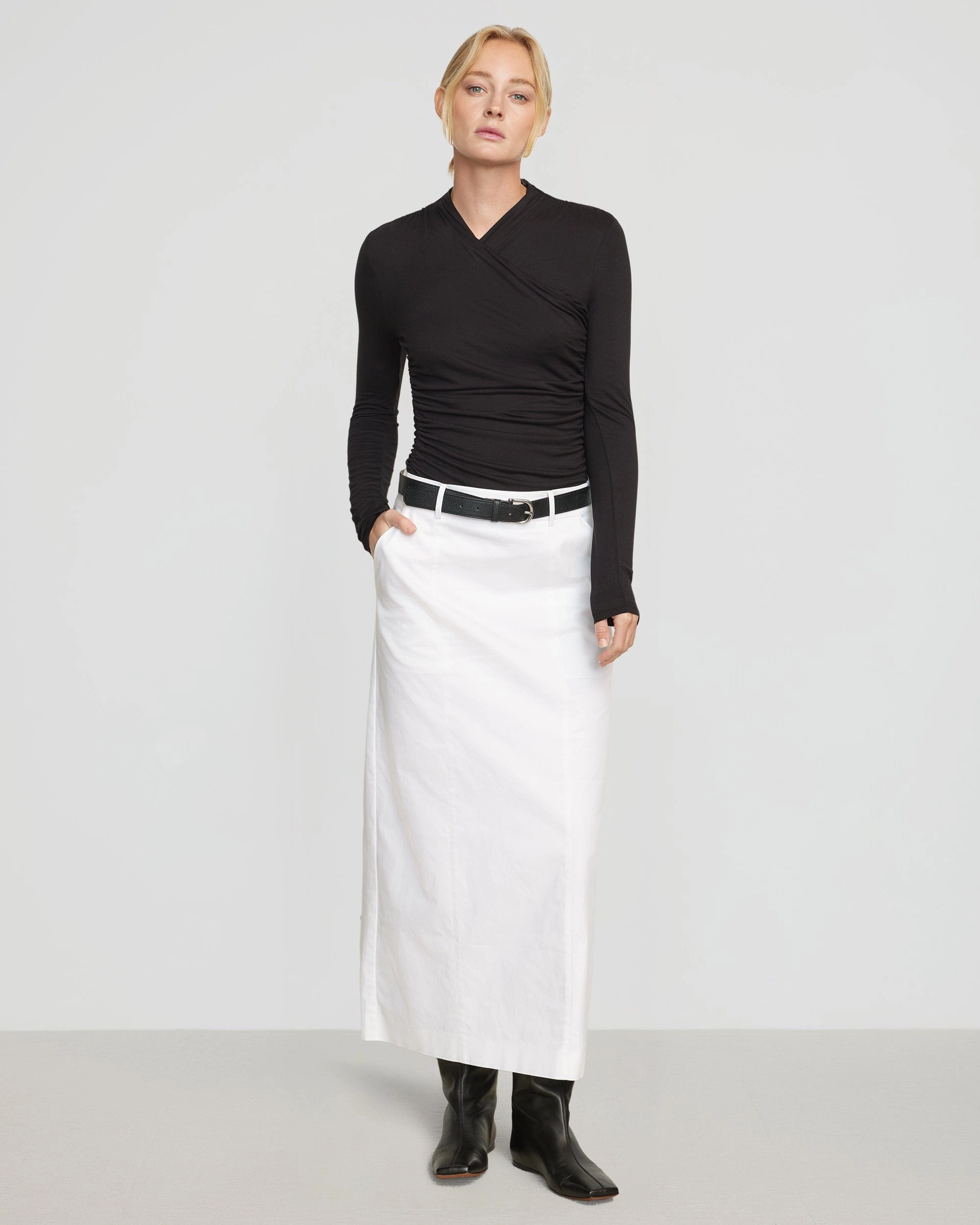Lilou Wrap-Neck Long-Sleeve Tee GarmentWashed Texture