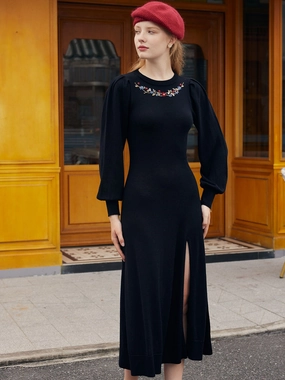 Odor Control Technology Lily Floral Embroidery Back hollow Split Sweater Dress