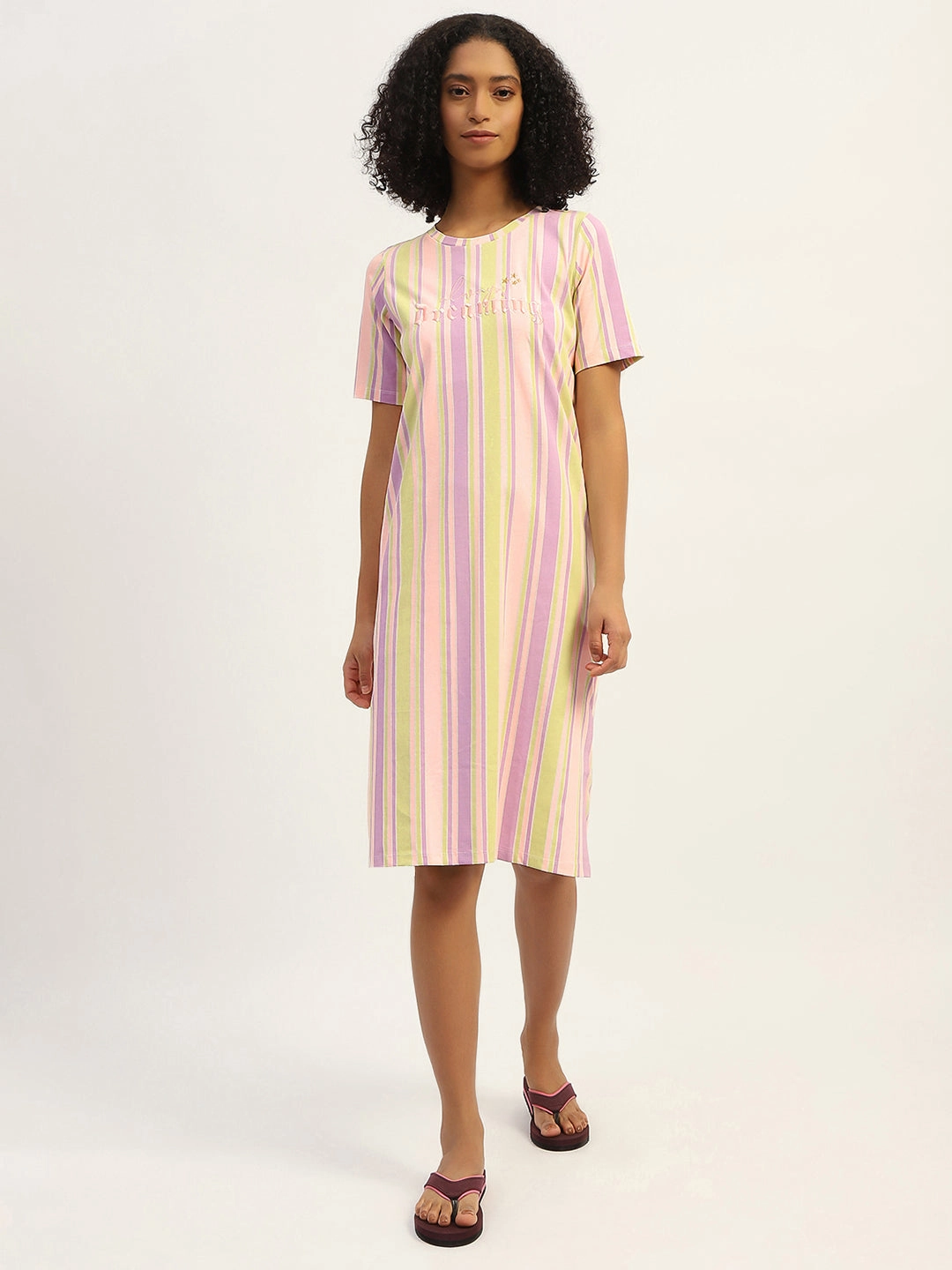 Autumn Ready Layered-Look mSECRET Striped Pink Cotton Nightdress