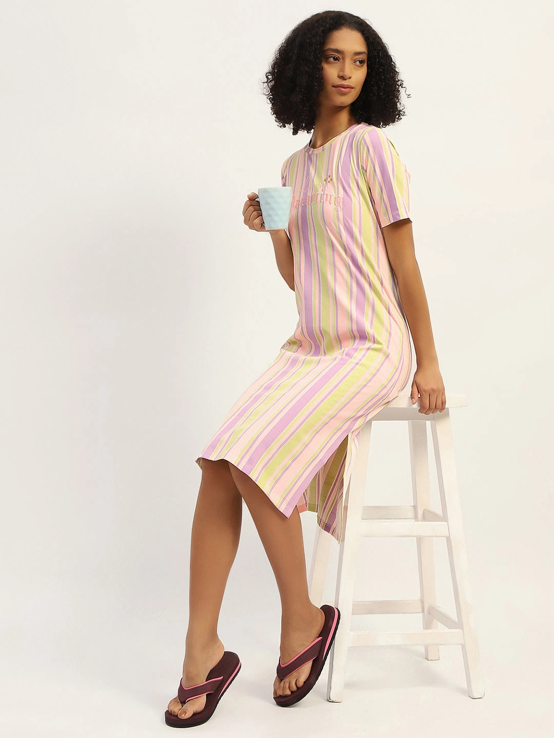 ContrastStitching mSECRET Striped Pink Cotton Nightdress