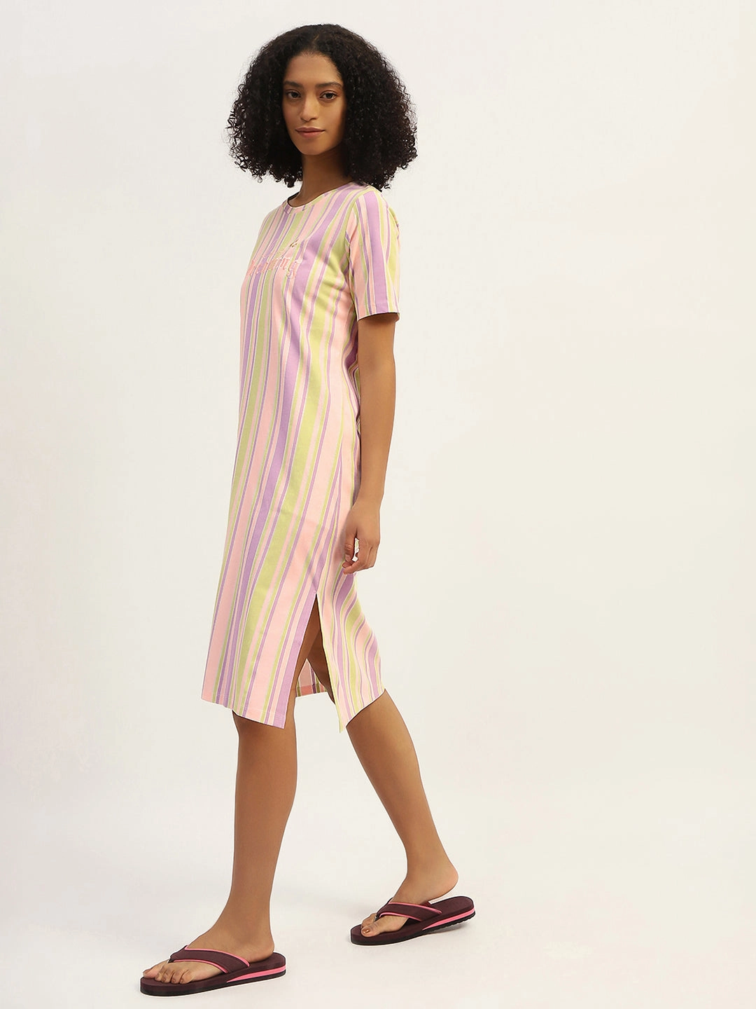 mSECRET Striped Pink Cotton Nightdress All-Occasion Wear