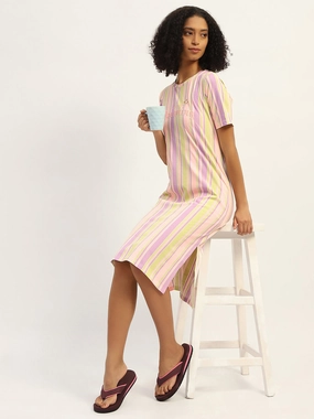 ContrastStitching mSECRET Striped Pink Cotton Nightdress