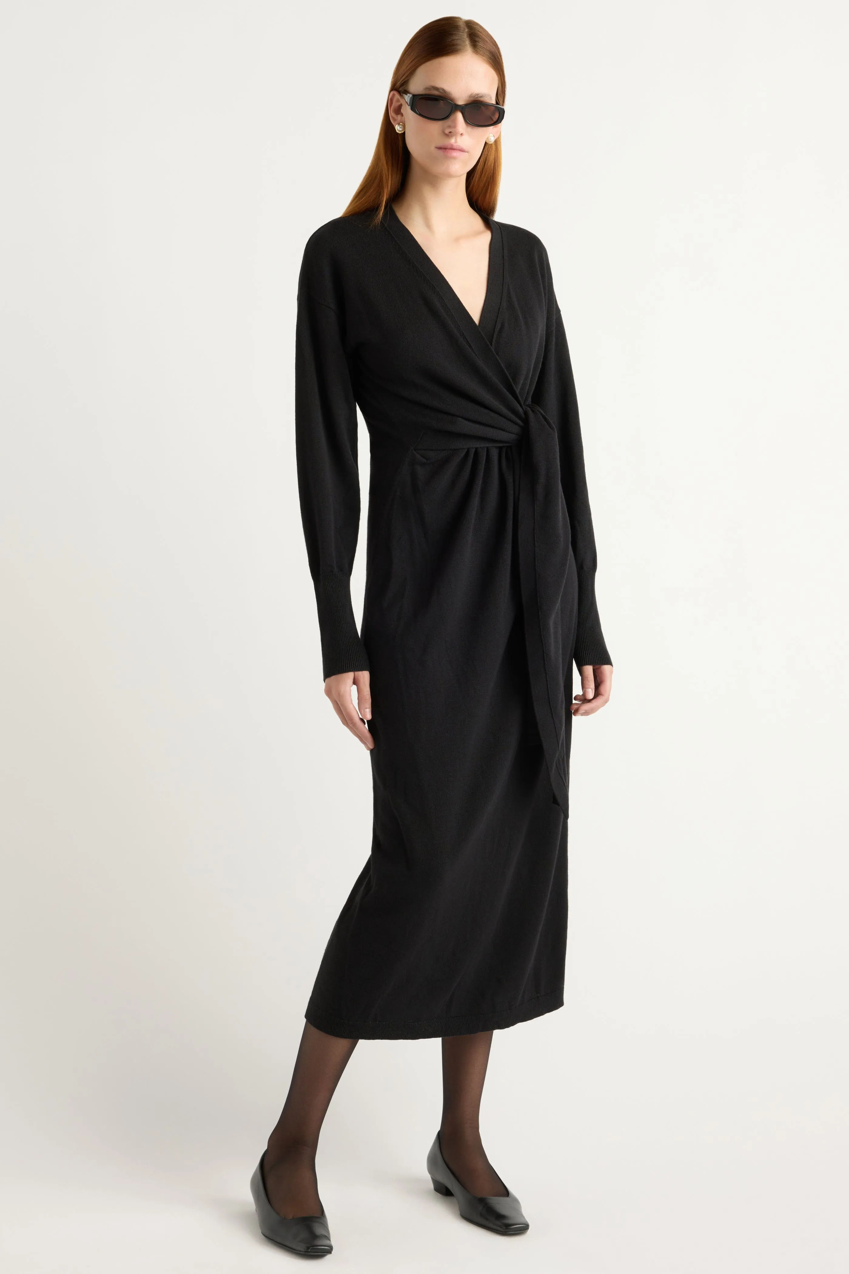 Waist Seam Comfortable Design Linden Front-Wrap Sweater Dress