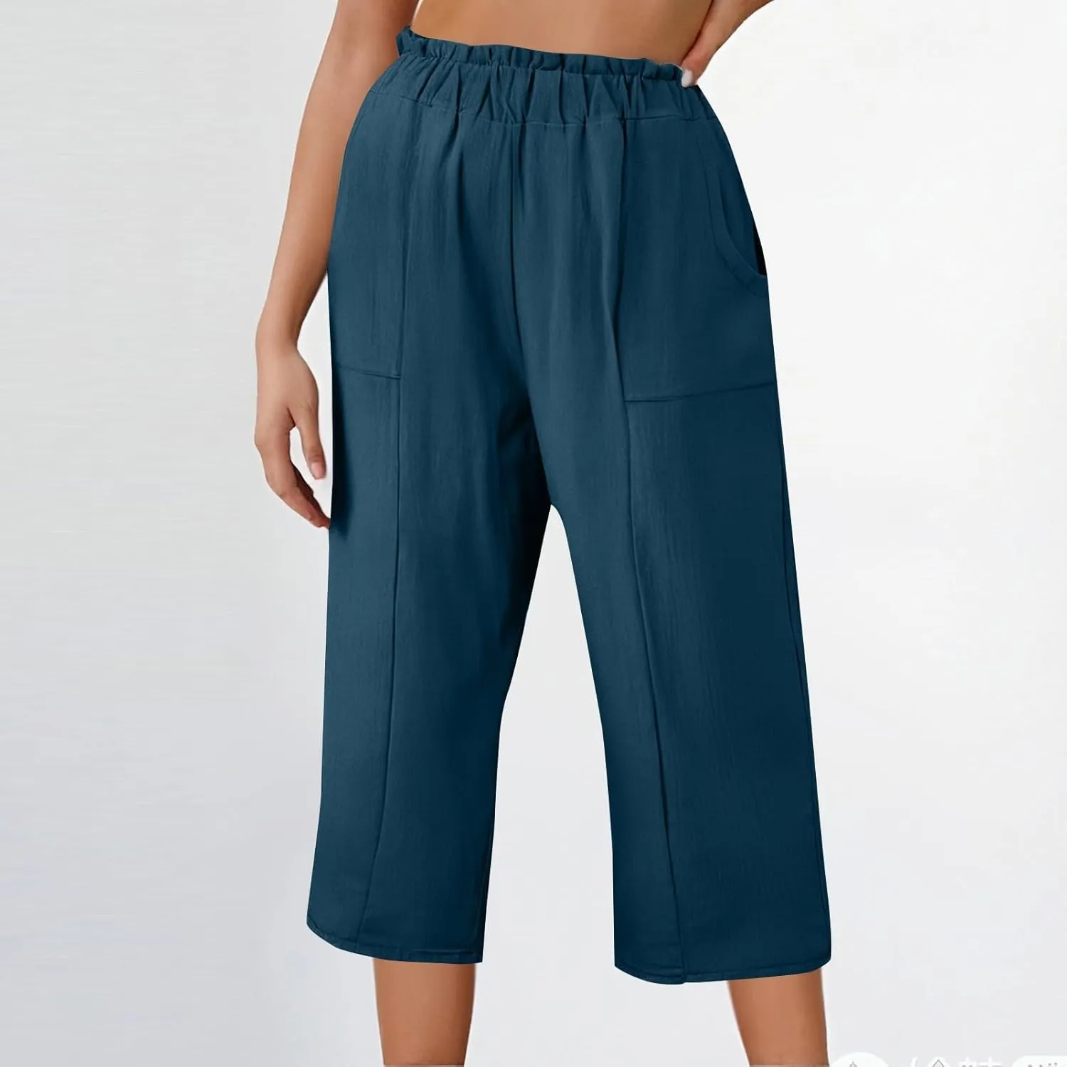 Linen Capri Pants for Women Trendy Summer Loose Fit High Waisted Paperbag Pants Casual Pull on Beach Cropped Trouser