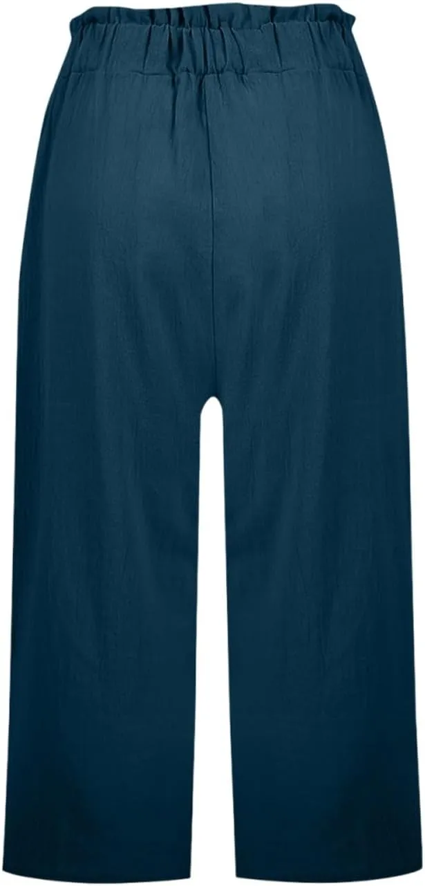 Linen Capri Pants for Women Trendy Summer Loose Fit High Waisted Paperbag Pants Casual Pull on Beach Cropped Trouser