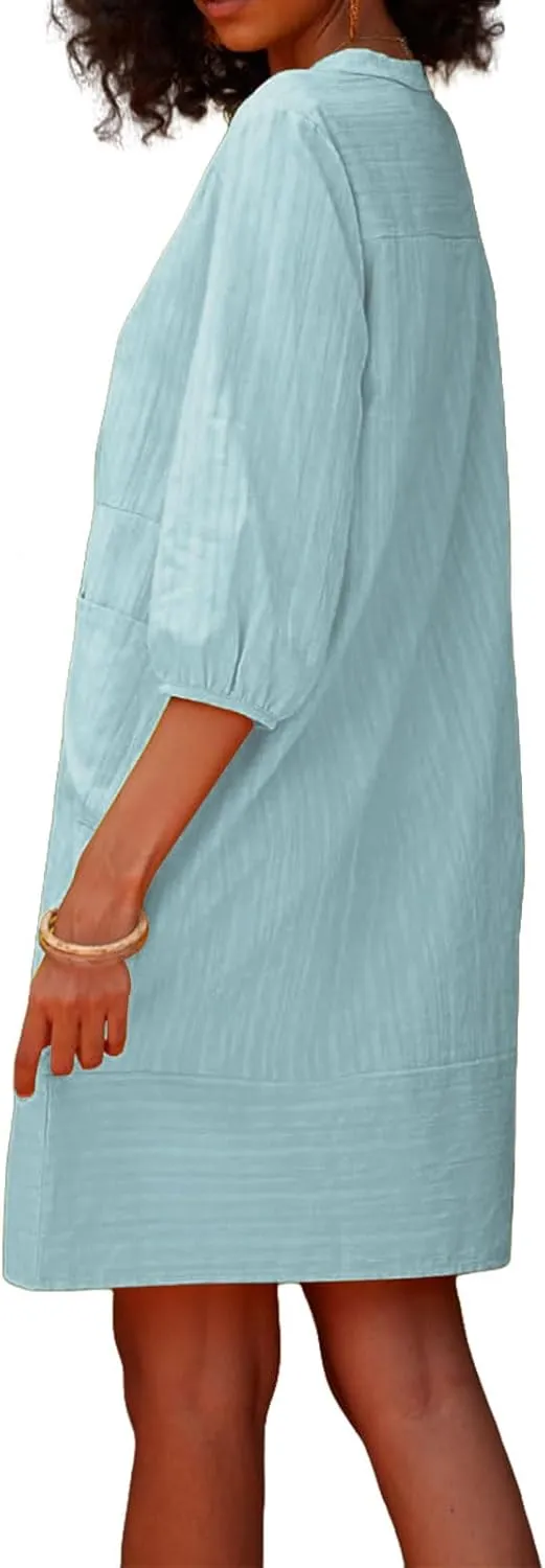 Linen Dresses for Women Casual 3/4 Sleeve V Neck Mini Dresses Loose Knee-Length A-line Dress Beach Dress with Pocket