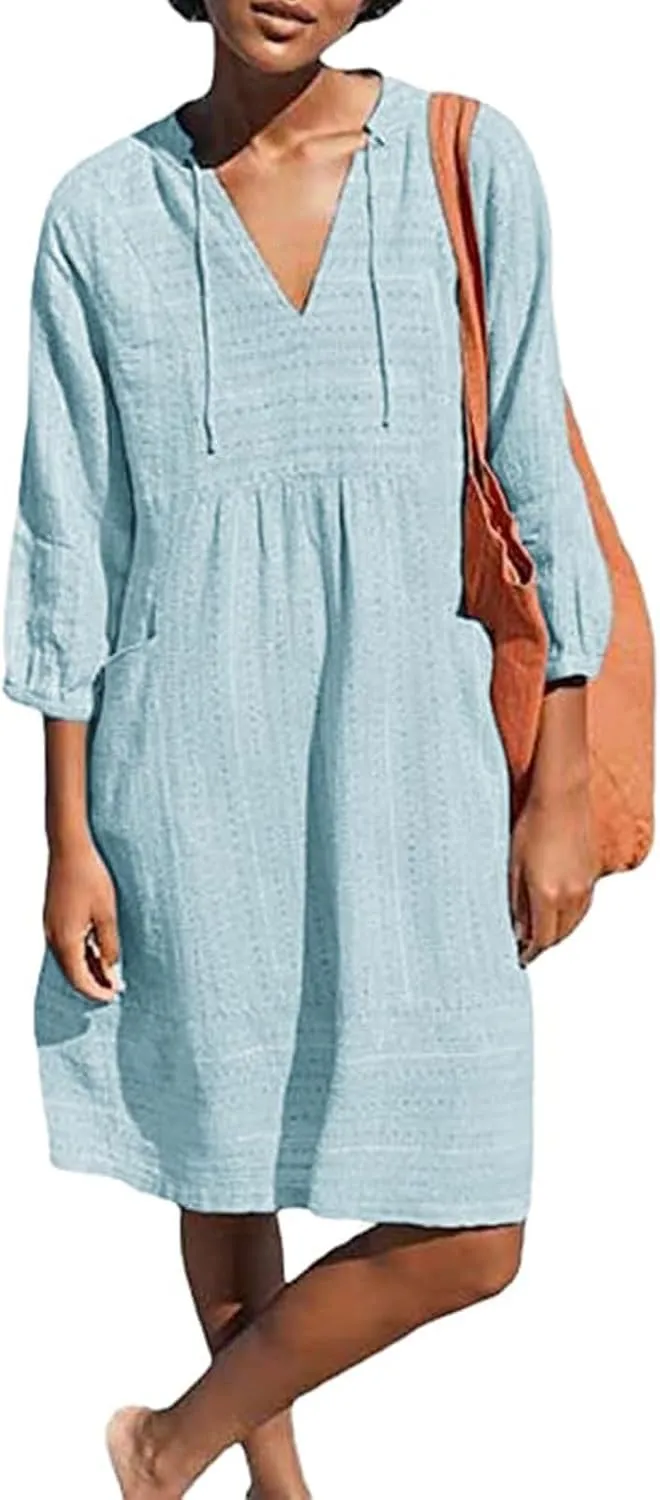 Linen Dresses for Women Casual 3/4 Sleeve V Neck Mini Dresses Loose Knee-Length A-line Dress Beach Dress with Pocket