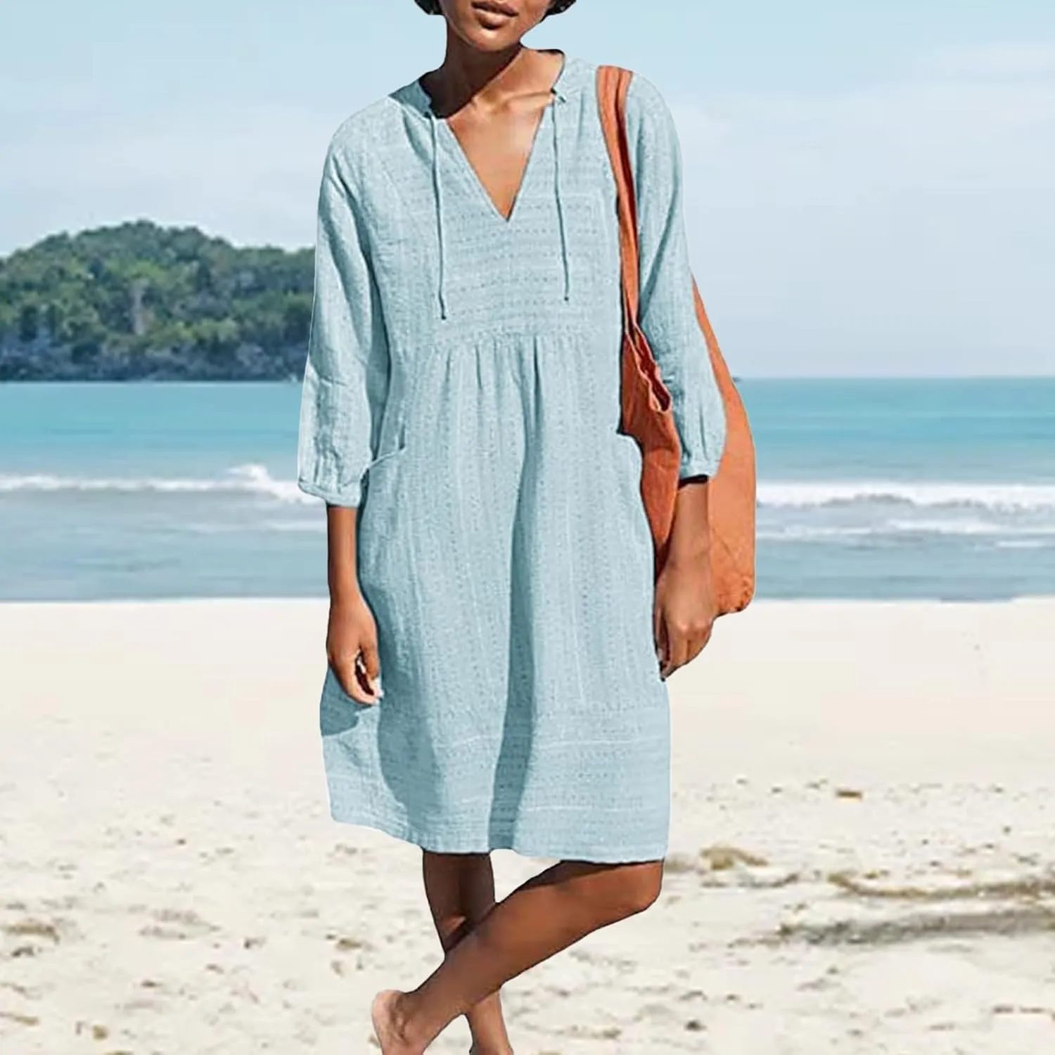 Linen Dresses for Women Casual 3/4 Sleeve V Neck Mini Dresses Loose Knee-Length A-line Dress Beach Dress with Pocket