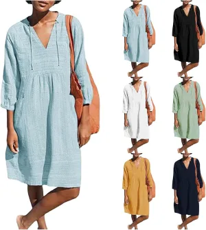 Linen Dresses for Women Casual 3/4 Sleeve V Neck Mini Dresses Loose Knee-Length A-line Dress Beach Dress with Pocket
