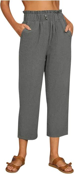 Linen Pants for Women Straight Leg Capris Pants Lounge Cropped Trousers High Waisted Boho Beach Pants Yoga Pants