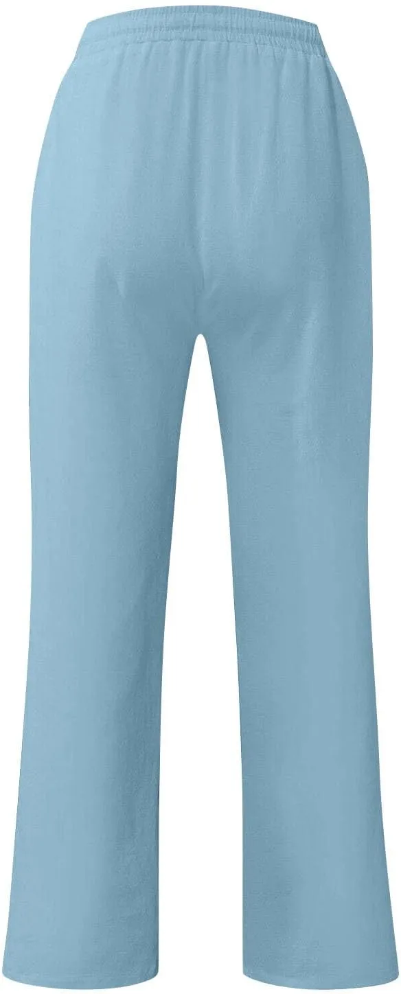 Linen Pants Men Casual Plus Size Linen Pants Drawstring Elastic Waist Summer Linen Beach Pants Yoga Pants with Pockets