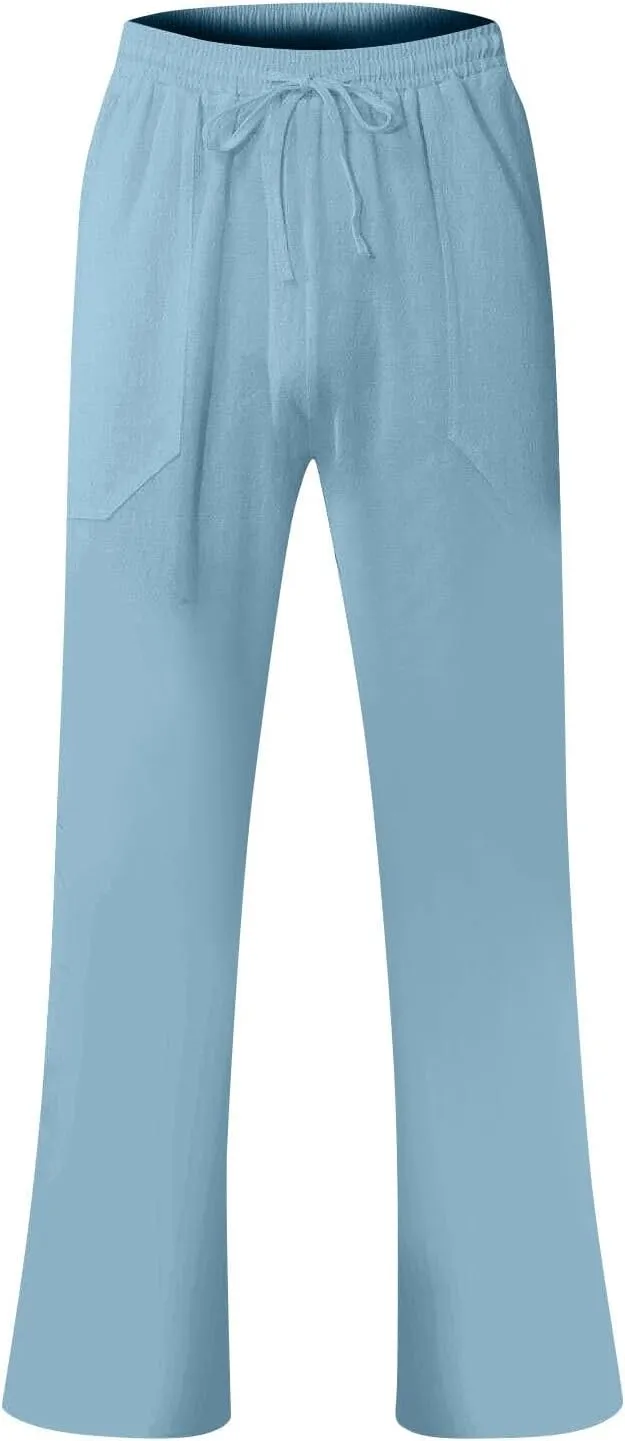 Linen Pants Men Casual Plus Size Linen Pants Drawstring Elastic Waist Summer Linen Beach Pants Yoga Pants with Pockets
