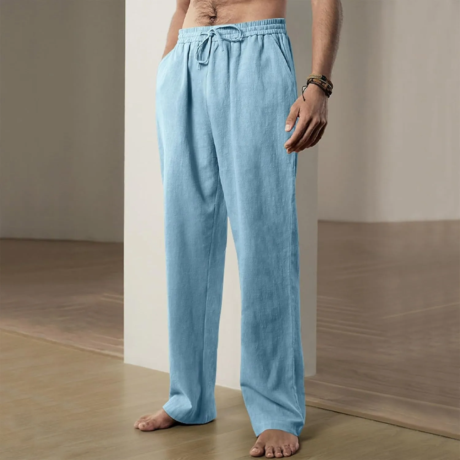 Linen Pants Men Casual Plus Size Linen Pants Drawstring Elastic Waist Summer Linen Beach Pants Yoga Pants with Pockets