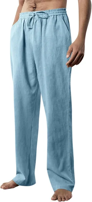 Linen Pants Men Casual Plus Size Linen Pants Drawstring Elastic Waist Summer Linen Beach Pants Yoga Pants with Pockets