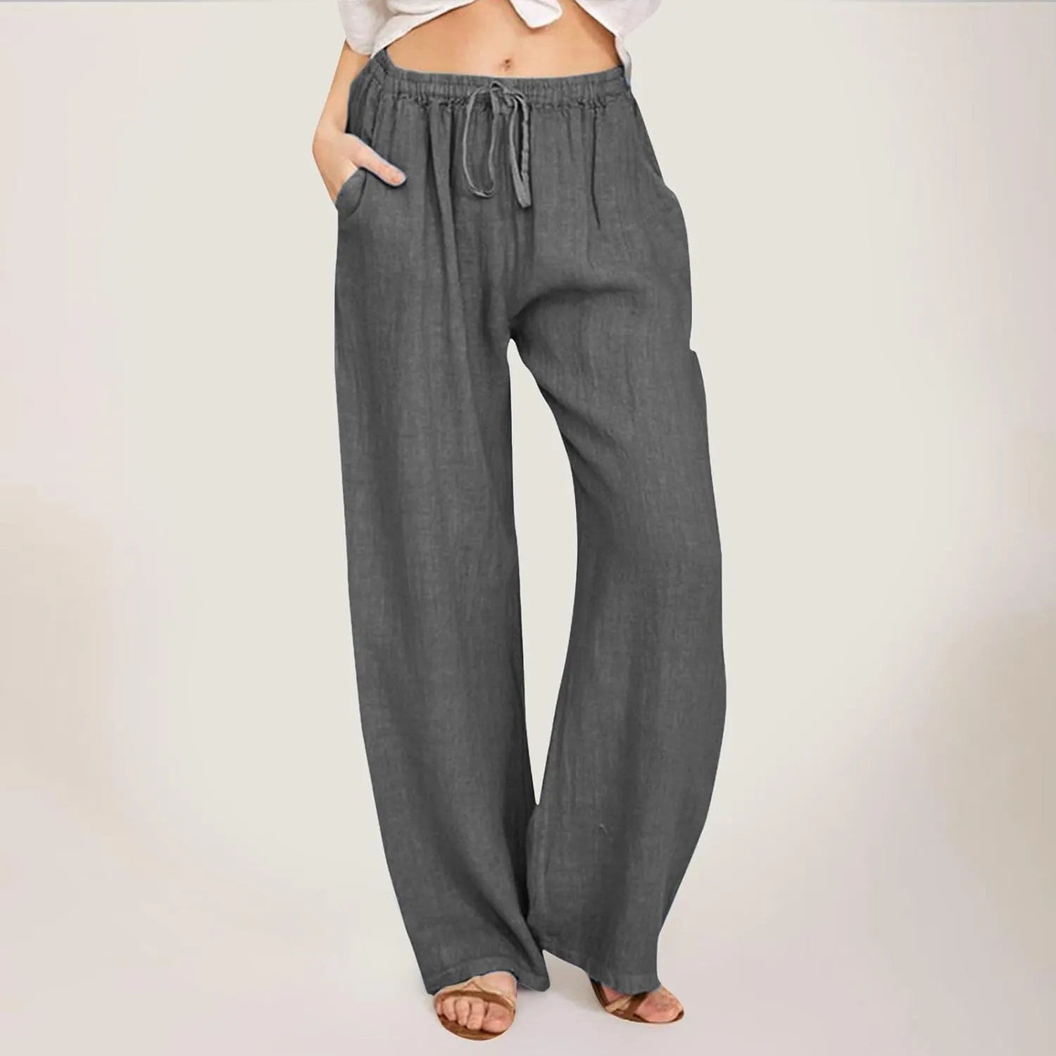 Linen Pants Women Summer Drawstring Waist Wide Leg Pants Loose Cotton Linen Palazzo Pants Casual Beach Long Pants