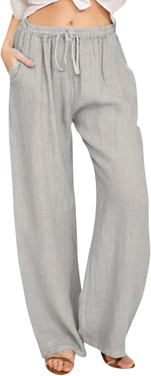 Linen Pants Women Summer Drawstring Waist Wide Leg Pants Loose Cotton Linen Palazzo Pants Casual Beach Long Pants