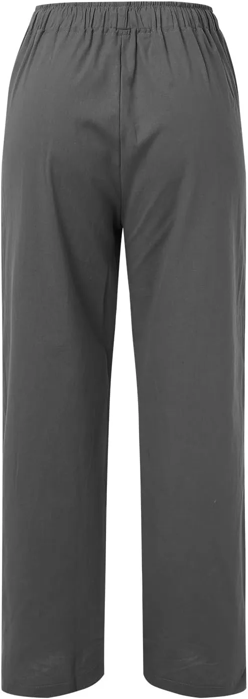 Linen Pants Women Summer Drawstring Waist Wide Leg Pants Loose Cotton Linen Palazzo Pants Casual Beach Long Pants