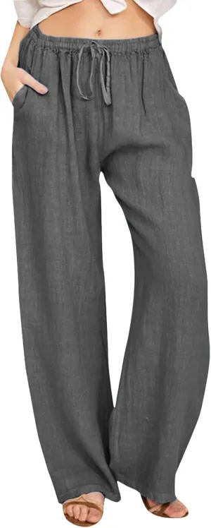 Linen Pants Women Summer Drawstring Waist Wide Leg Pants Loose Cotton Linen Palazzo Pants Casual Beach Long Pants