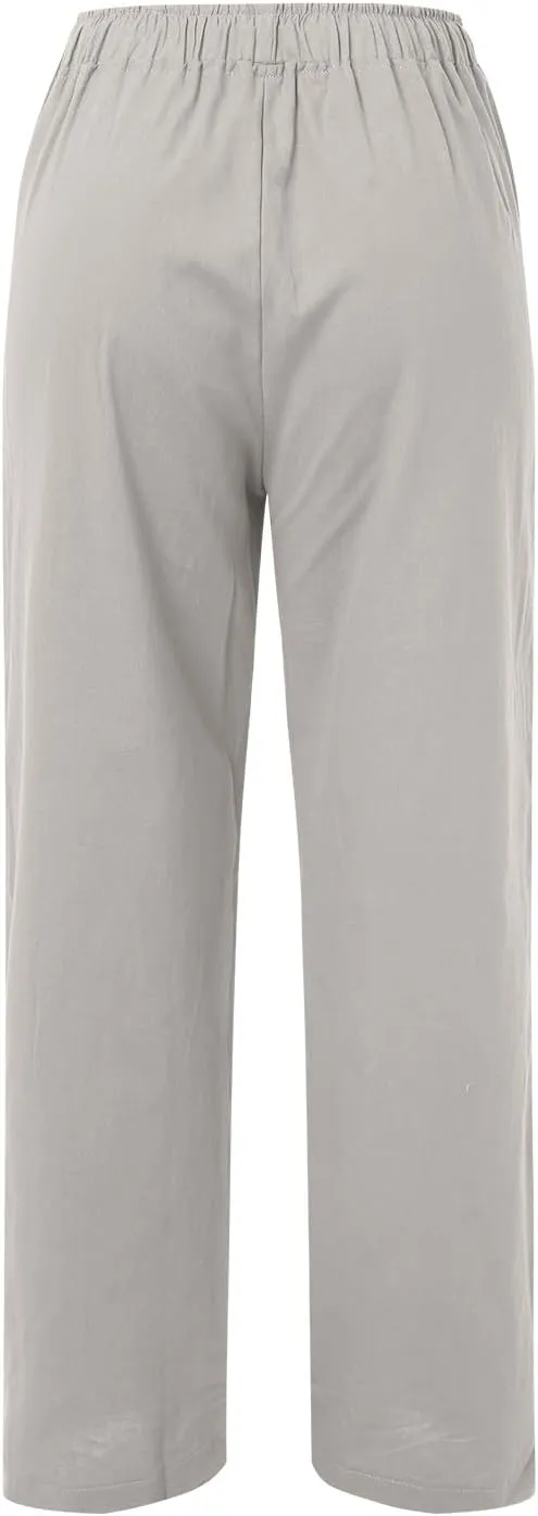 Linen Pants Women Summer Drawstring Waist Wide Leg Pants Loose Cotton Linen Palazzo Pants Casual Beach Long Pants