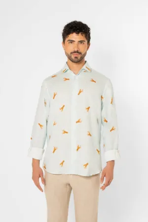 linen shirt with elongated octopuses turquoise