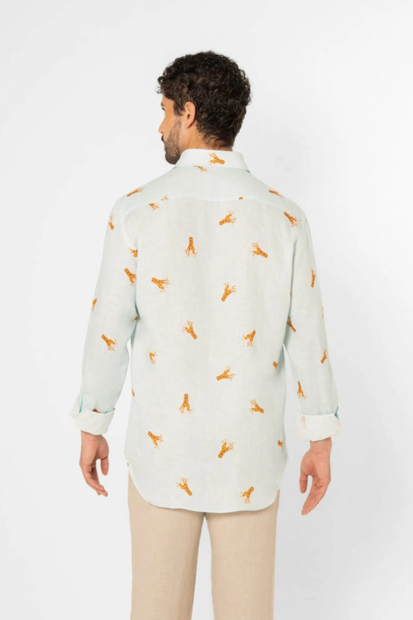linen shirt with elongated octopuses turquoise