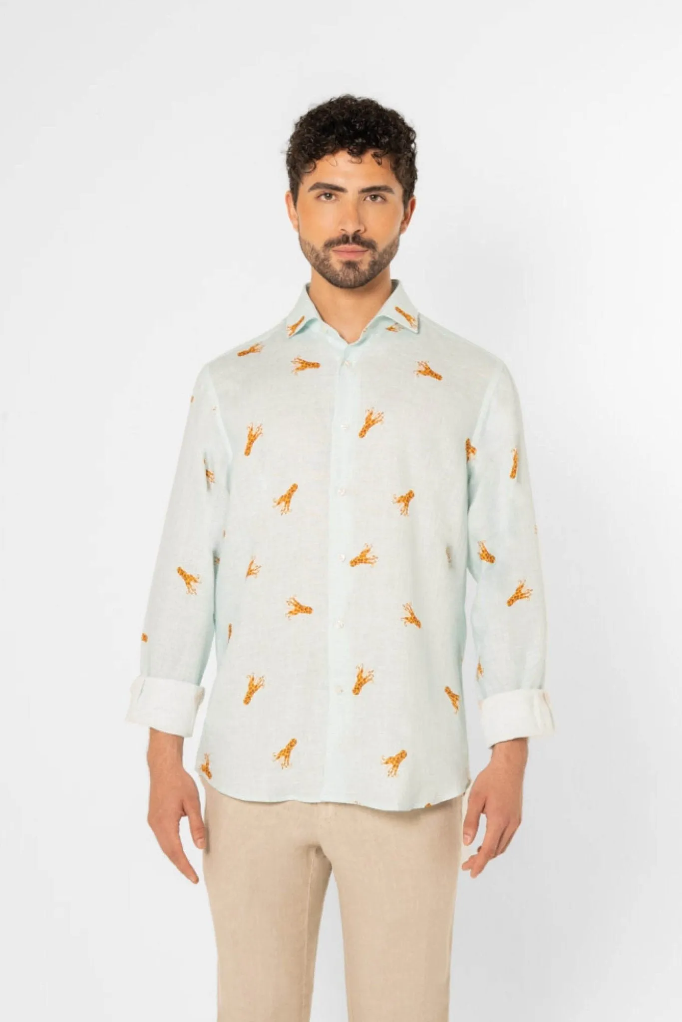 linen shirt with elongated octopuses turquoise