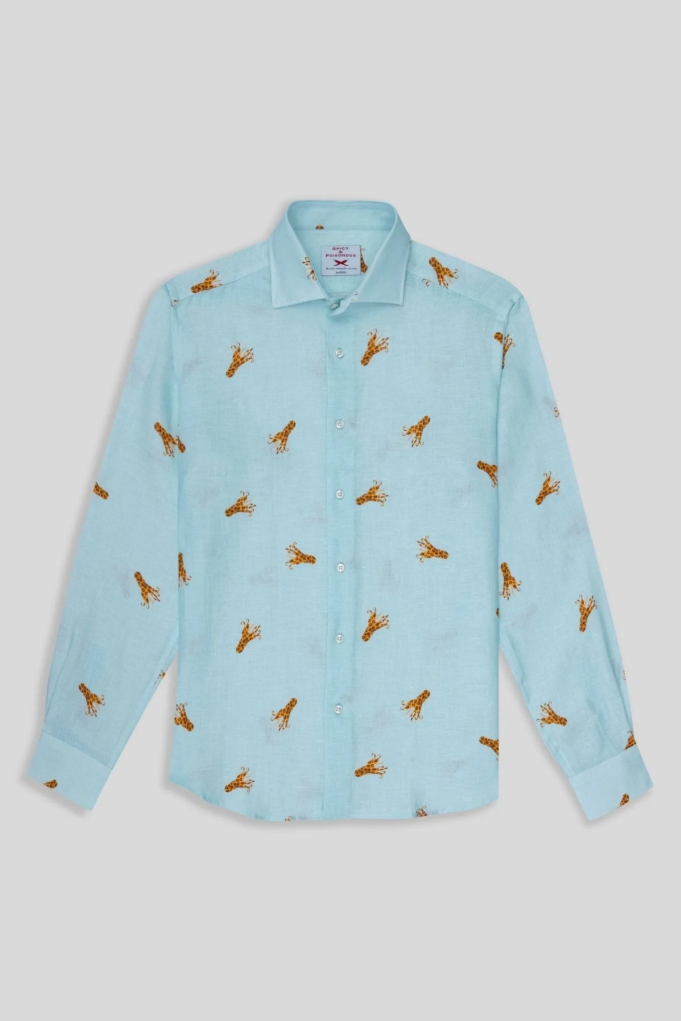 linen shirt with elongated octopuses turquoise