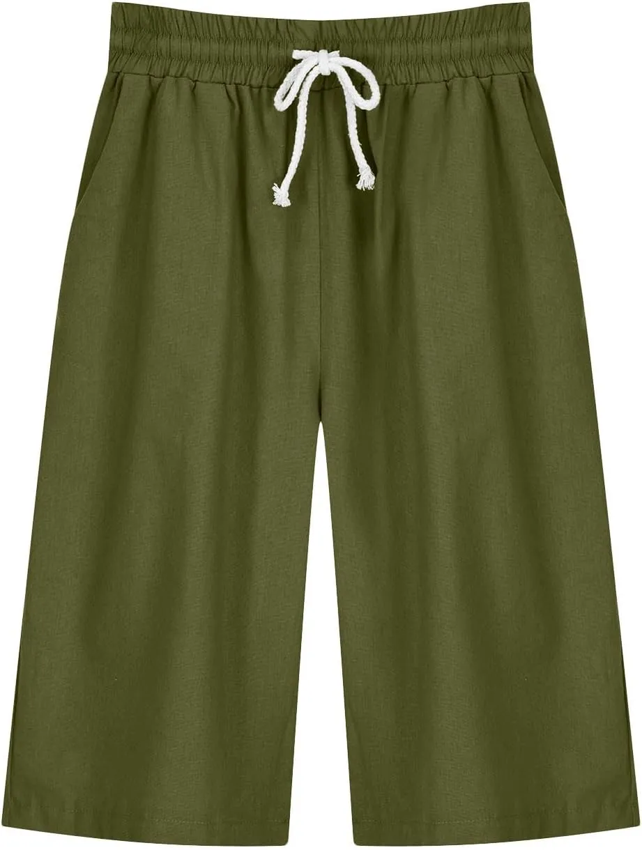 Linen Shorts for Women Elastic Waist Knee Length Shorts Loose Fit Drawstring Bermuda Shorts Summer Vacation Shorts