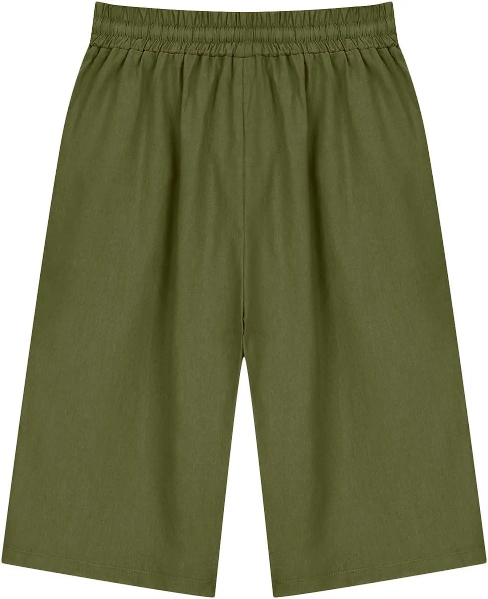 Linen Shorts for Women Elastic Waist Knee Length Shorts Loose Fit Drawstring Bermuda Shorts Summer Vacation Shorts