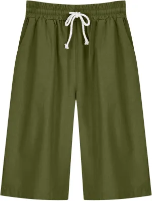 Linen Shorts for Women Elastic Waist Knee Length Shorts Loose Fit Drawstring Bermuda Shorts Summer Vacation Shorts
