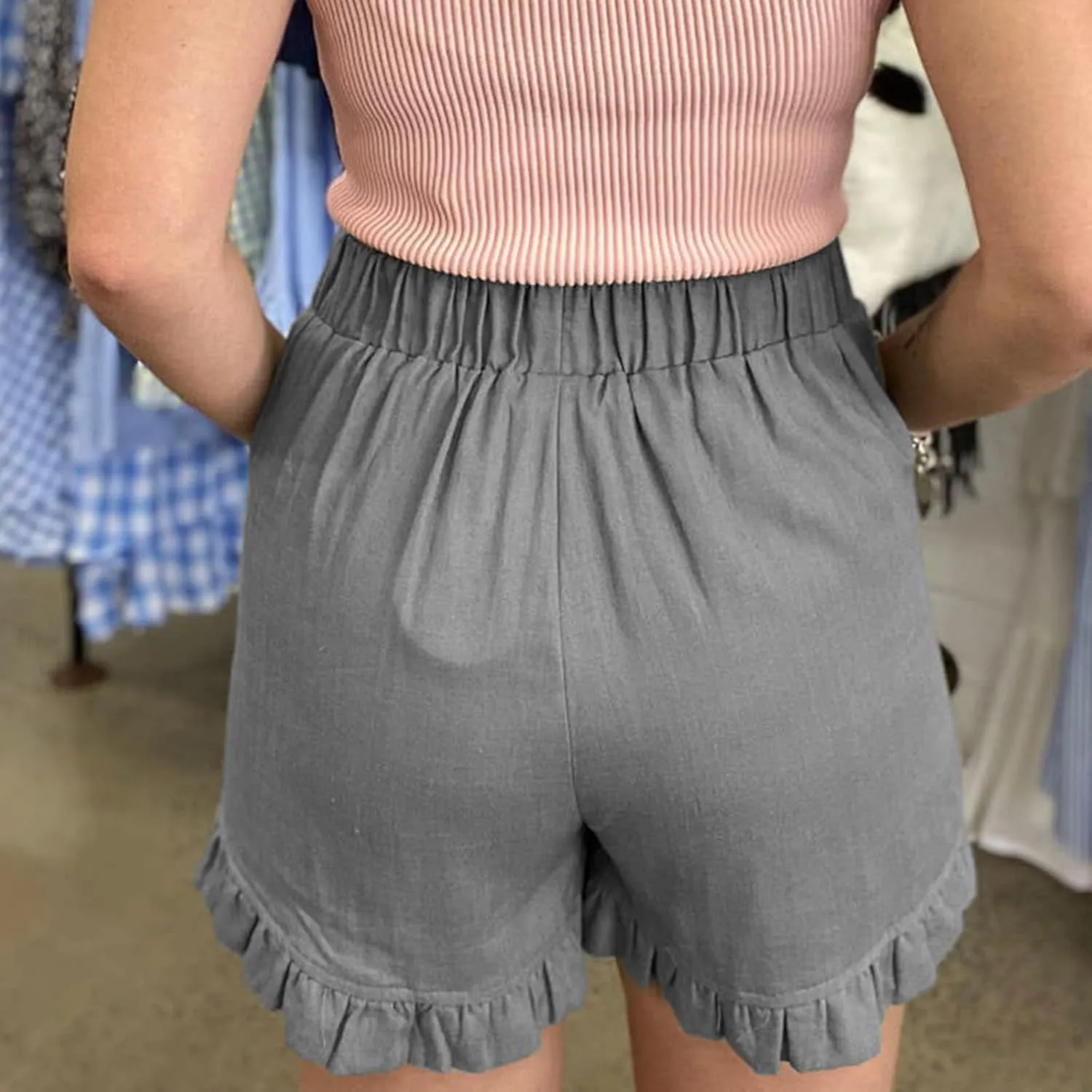Linen Shorts for Women Scallop Hem Elastic Shorts Summer Beach Casual Comfy Shorts Bermuda Shorts High Waist Shorts