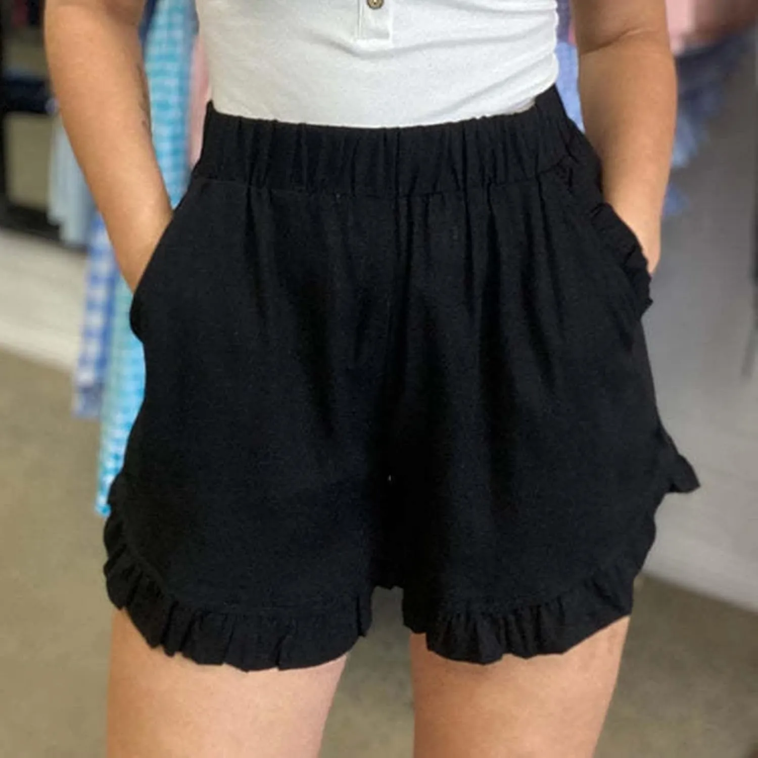 Linen Shorts for Women Scallop Hem Elastic Shorts Summer Beach Casual Comfy Shorts Bermuda Shorts High Waist Shorts