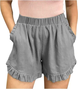 Linen Shorts for Women Scallop Hem Elastic Shorts Summer Beach Casual Comfy Shorts Bermuda Shorts High Waist Shorts