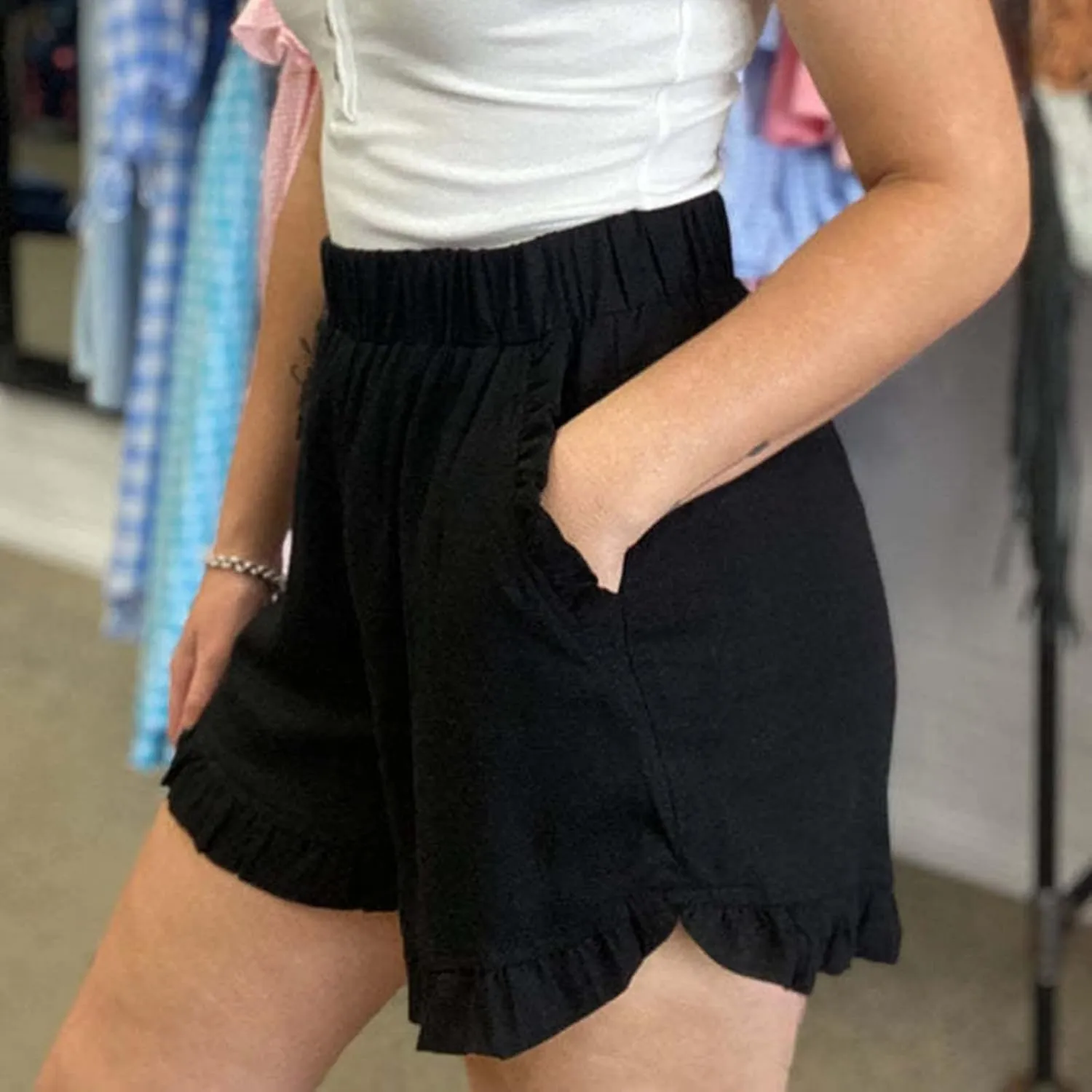 Linen Shorts for Women Scallop Hem Elastic Shorts Summer Beach Casual Comfy Shorts Bermuda Shorts High Waist Shorts